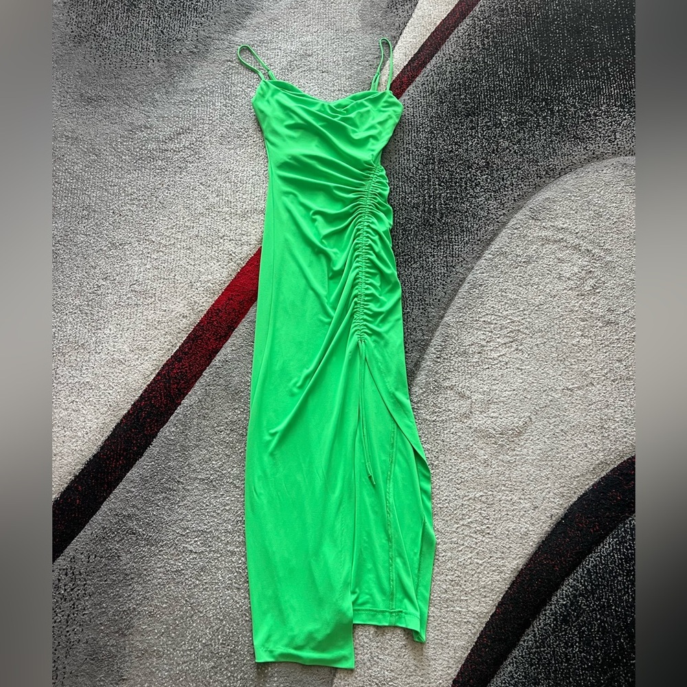 Zara Neon Green Ruched Front Side Slit Party Dress